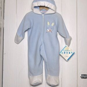 VINTAGE NWT QUILTEX Adorable Boys Blue Fleece Bunny Zip Up Footie